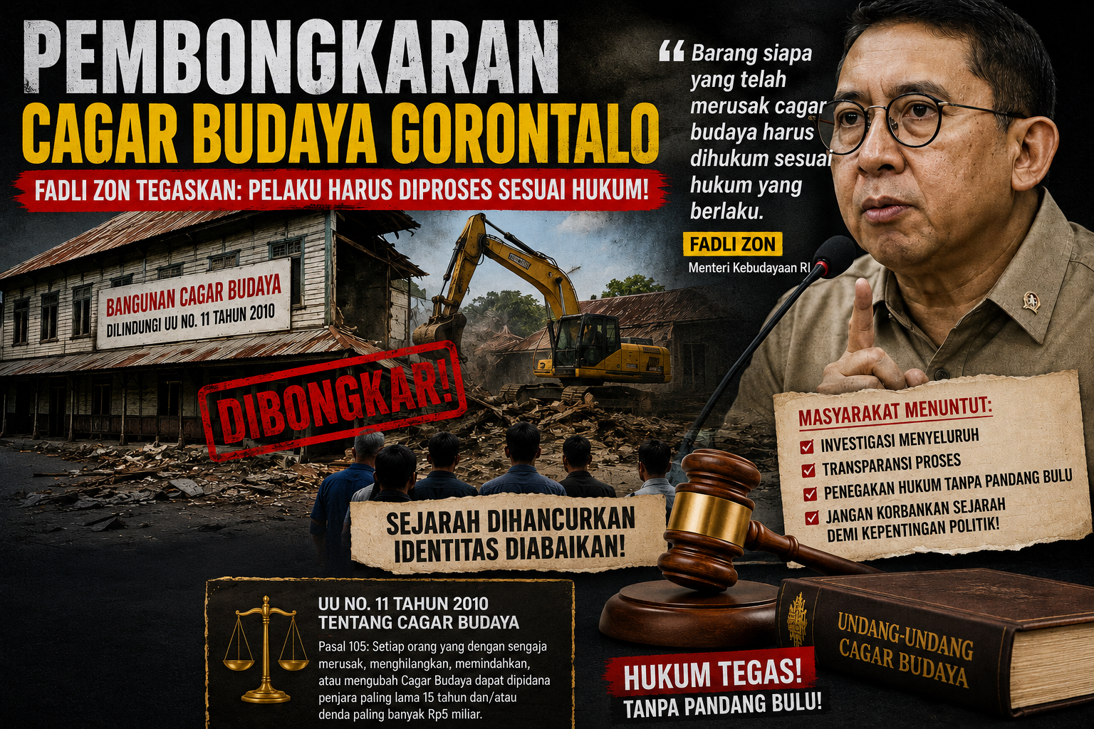 PEMBONGKARAN CAGAR BUDAYA GORONTALO DISOROT, FADLI ZON TEGASKAN PELAKU HARUS DIPROSES SESUAI HUKUM GORONTALO – Polemik pembongkaran bangunan yang